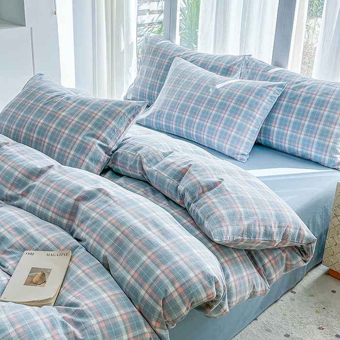 91家纺网 家纺一手货源 找家纺 尚品本色2025年新款简约风全棉水洗棉格子条纹系列四件套南国兰