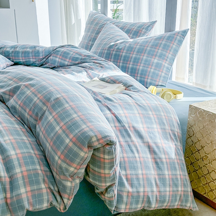 91家纺网 家纺一手货源 找家纺 尚品本色2025年新款简约风全棉水洗棉格子条纹系列四件套南国兰