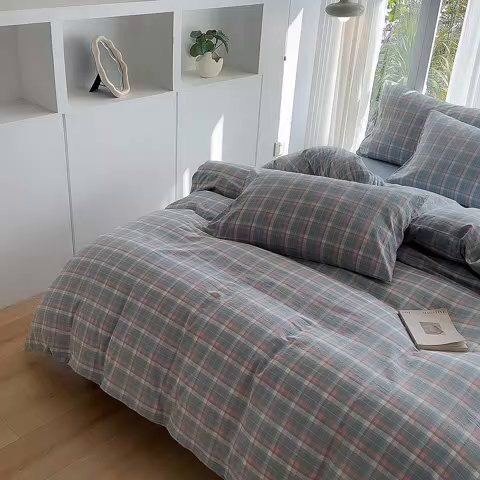 91家纺网 家纺一手货源 找家纺 尚品本色2025年新款简约风全棉水洗棉格子条纹系列四件套南国兰