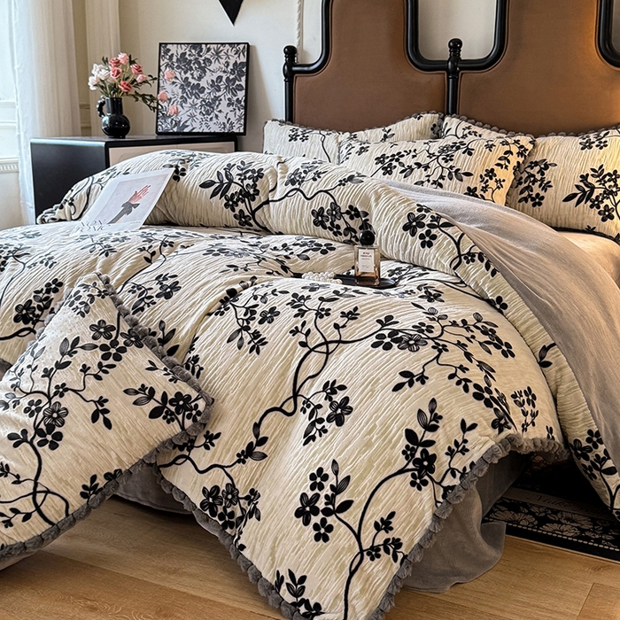 菲儿家纺 2025新款加厚保暖烂花法式牛奶绒四件套 叶语悠然