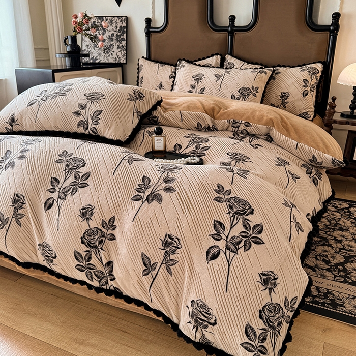 91家纺网 家纺一手货源 找家纺 菲儿家纺 2025新款加厚保暖烂花法式牛奶绒四件套 壹枝玫瑰