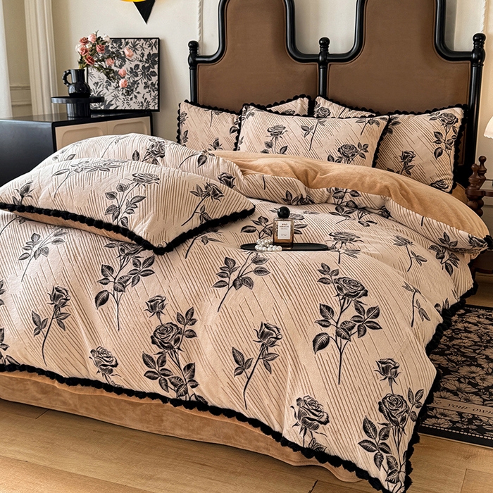 91家纺网 家纺一手货源 找家纺 菲儿家纺 2025新款加厚保暖烂花法式牛奶绒四件套 壹枝玫瑰