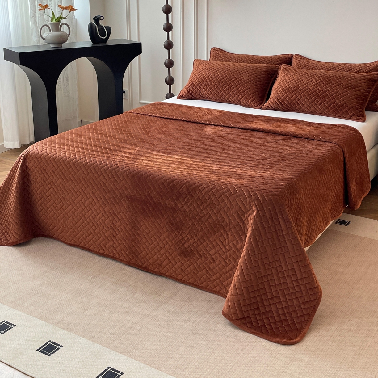 91家纺网 家纺一手货源 找家纺 橙子家居 2025秋冬新款高克重水晶绒保暖床盖棉加绒床盖床盖单件床盖单品单床盖 人字纹-深咖