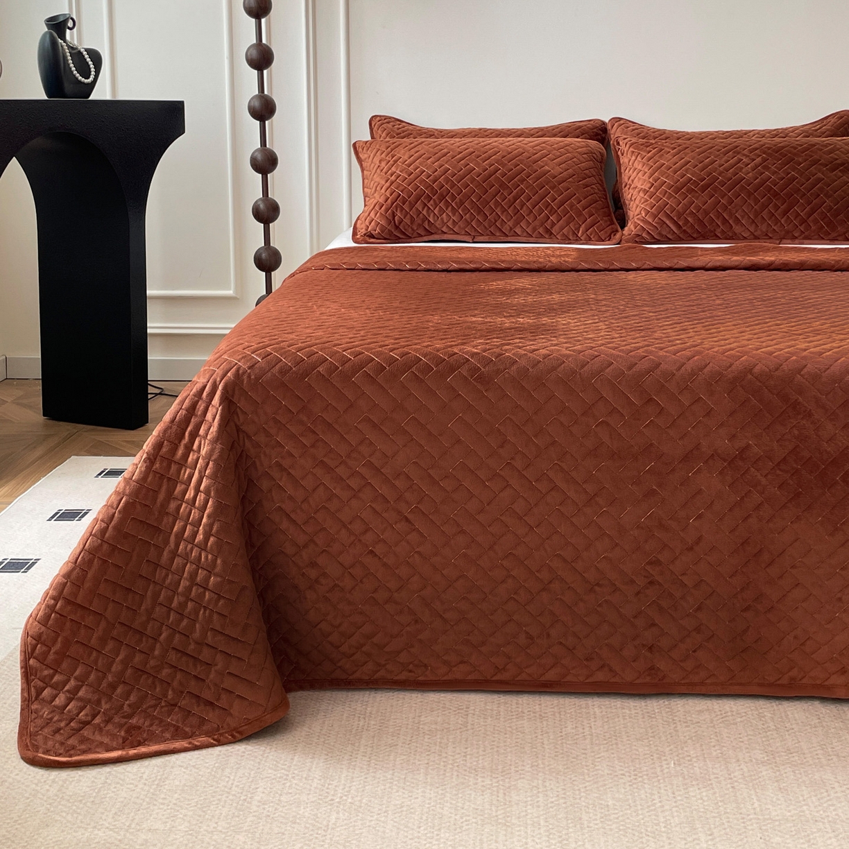 91家纺网 家纺一手货源 找家纺 橙子家居 2025秋冬新款高克重水晶绒保暖床盖棉加绒床盖床盖单件床盖单品单床盖 人字纹-深咖