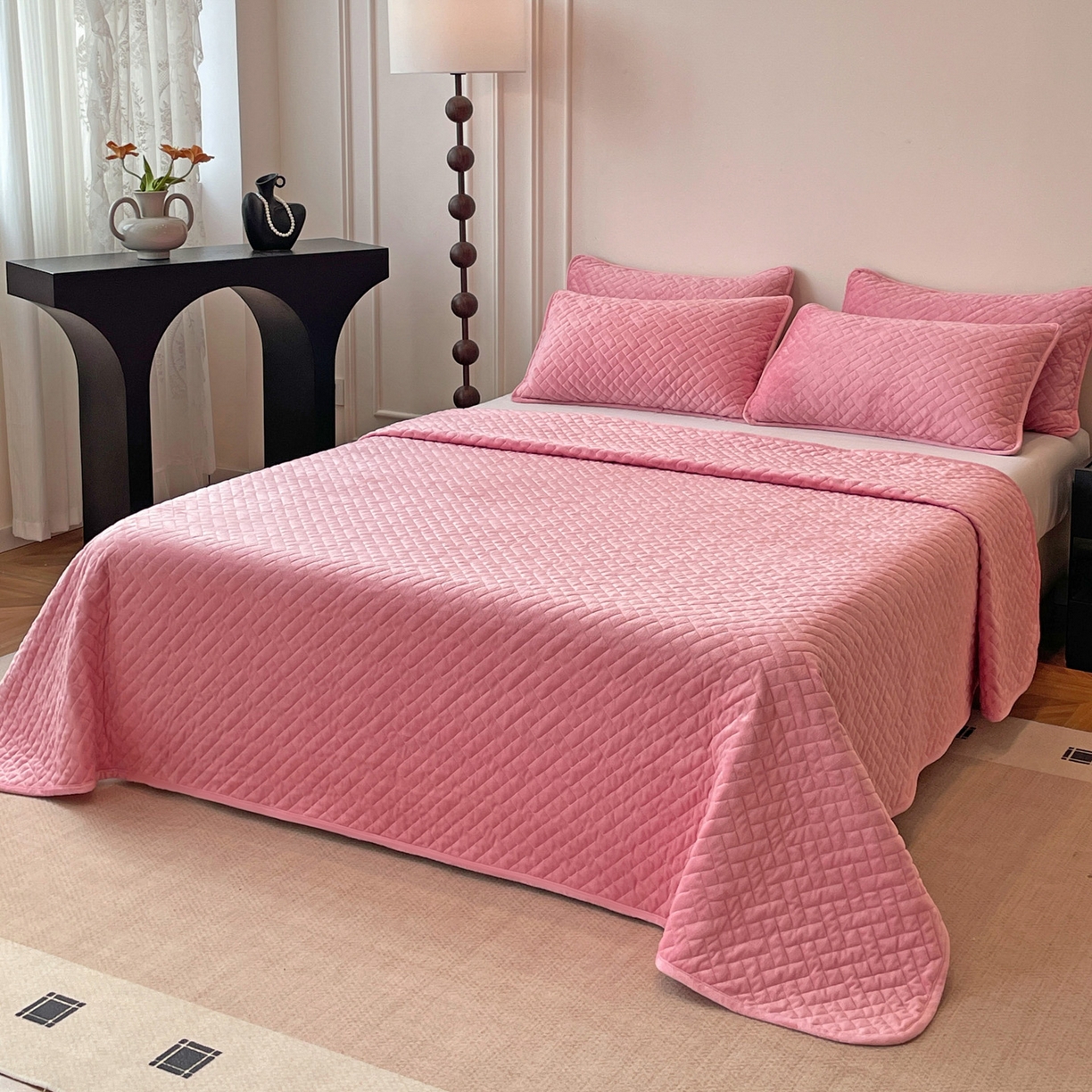 91家纺网 家纺一手货源 找家纺 橙子家居 2025秋冬新款高克重水晶绒保暖床盖棉加绒床盖床盖单件床盖单品单床盖 人字纹-柔粉