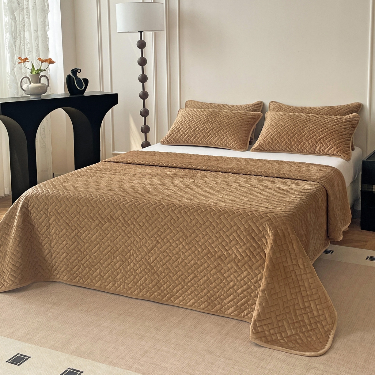 91家纺网 家纺一手货源 找家纺 橙子家居 2025秋冬新款高克重水晶绒保暖床盖棉加绒床盖床盖单件床盖单品单床盖 人字纹-浅驼