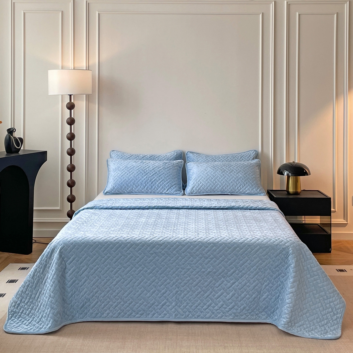 橙子家居 2025秋冬新款高克重水晶绒保暖床盖棉加绒床盖床盖单件床盖单品单床盖 人字纹-天空蓝