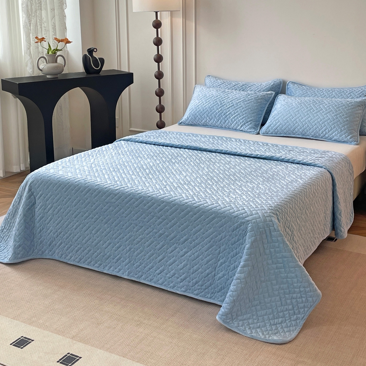 91家纺网 家纺一手货源 找家纺 橙子家居 2025秋冬新款高克重水晶绒保暖床盖棉加绒床盖床盖单件床盖单品单床盖 人字纹-天空蓝