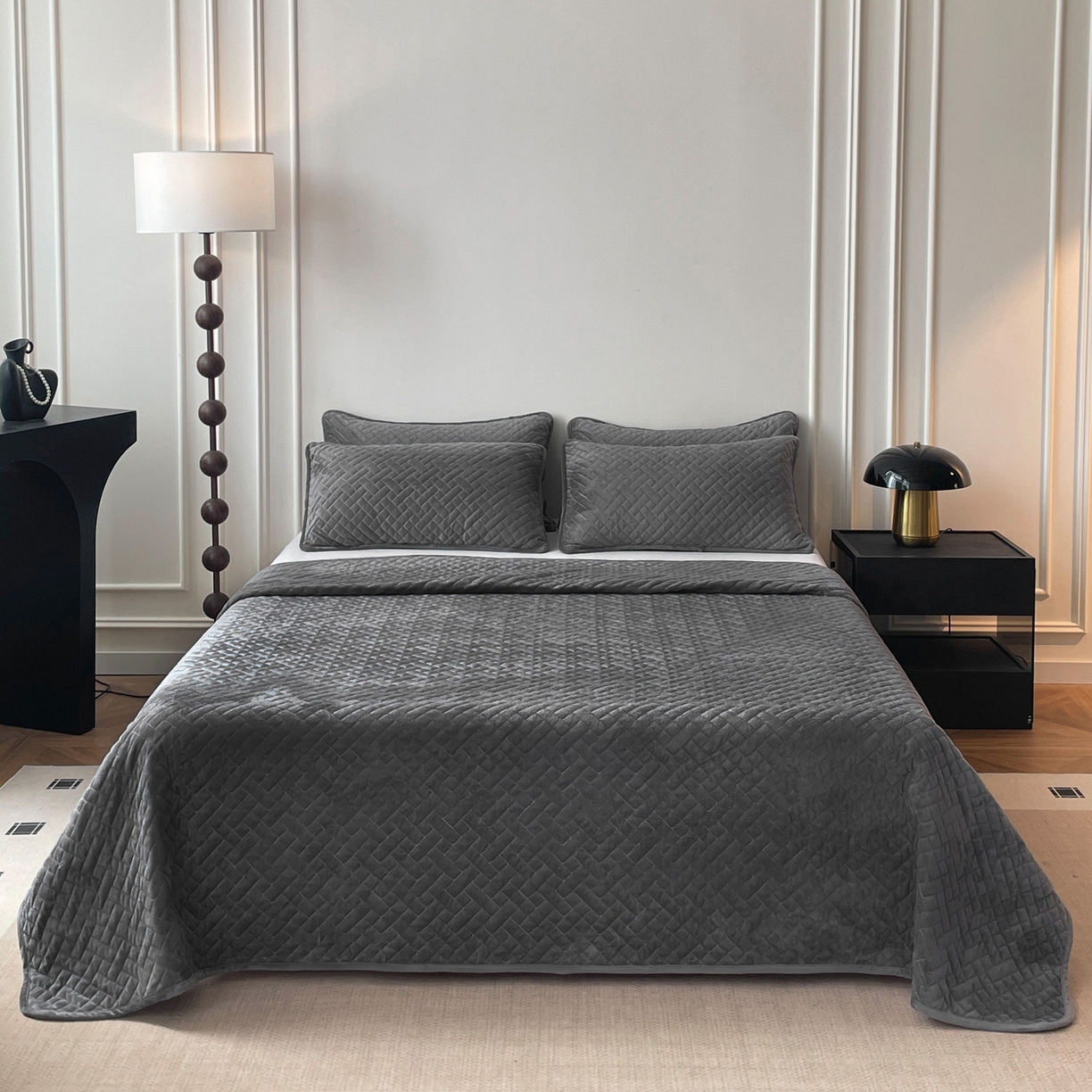 橙子家居 2025秋冬新款高克重水晶绒保暖床盖棉加绒床盖床盖单件床盖单品单床盖 人字纹-浅灰