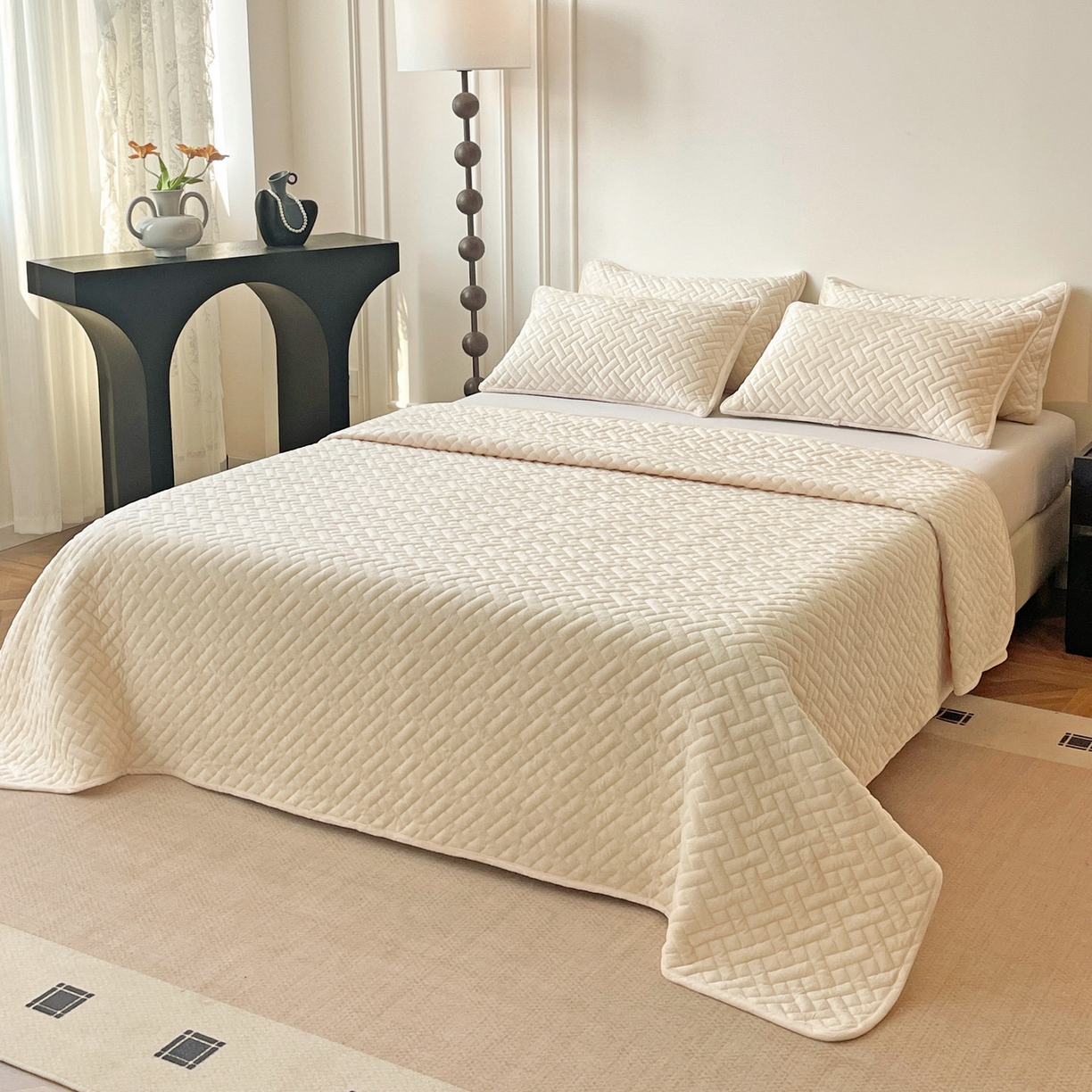 91家纺网 家纺一手货源 找家纺 橙子家居 2025秋冬新款高克重水晶绒保暖床盖棉加绒床盖床盖单件床盖单品单床盖 人字纹-米白