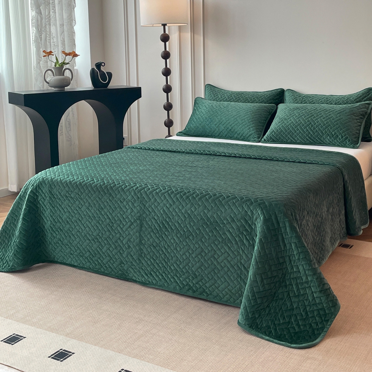 91家纺网 家纺一手货源 找家纺 橙子家居 2025秋冬新款高克重水晶绒保暖床盖棉加绒床盖床盖单件床盖单品单床盖 人字纹-墨绿