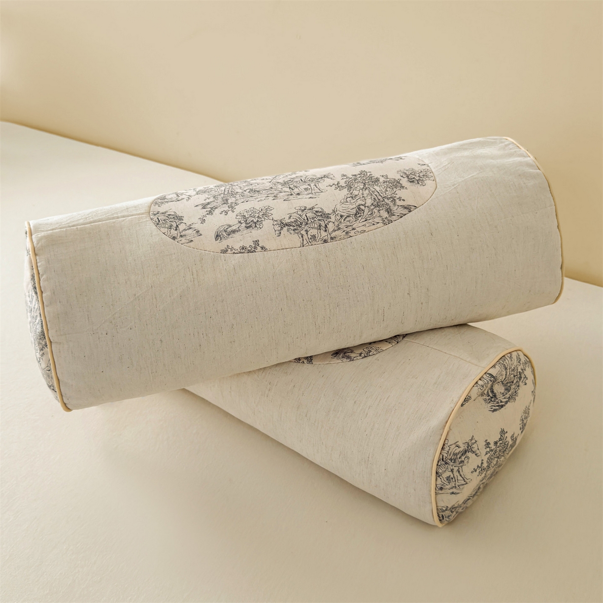 91家纺网 家纺一手货源 找家纺 麦肯锡 2025新款棉麻古朴圆柱荞麦枕 枕头枕芯 田园灰