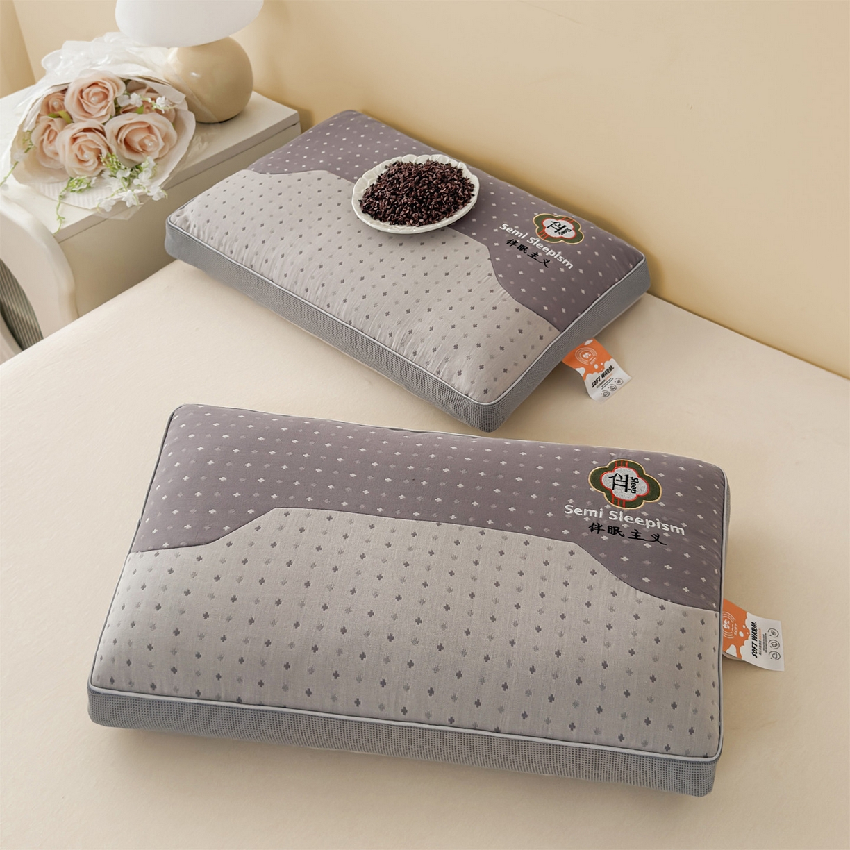 91家纺网 家纺一手货源 找家纺 麦肯锡 2025新款伴眠主义双层纱纯荞麦枕 枕头枕芯 灰色