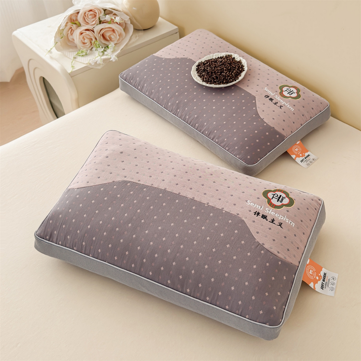 91家纺网 家纺一手货源 找家纺 麦肯锡 2025新款伴眠主义双层纱纯荞麦枕 枕头枕芯 粉色