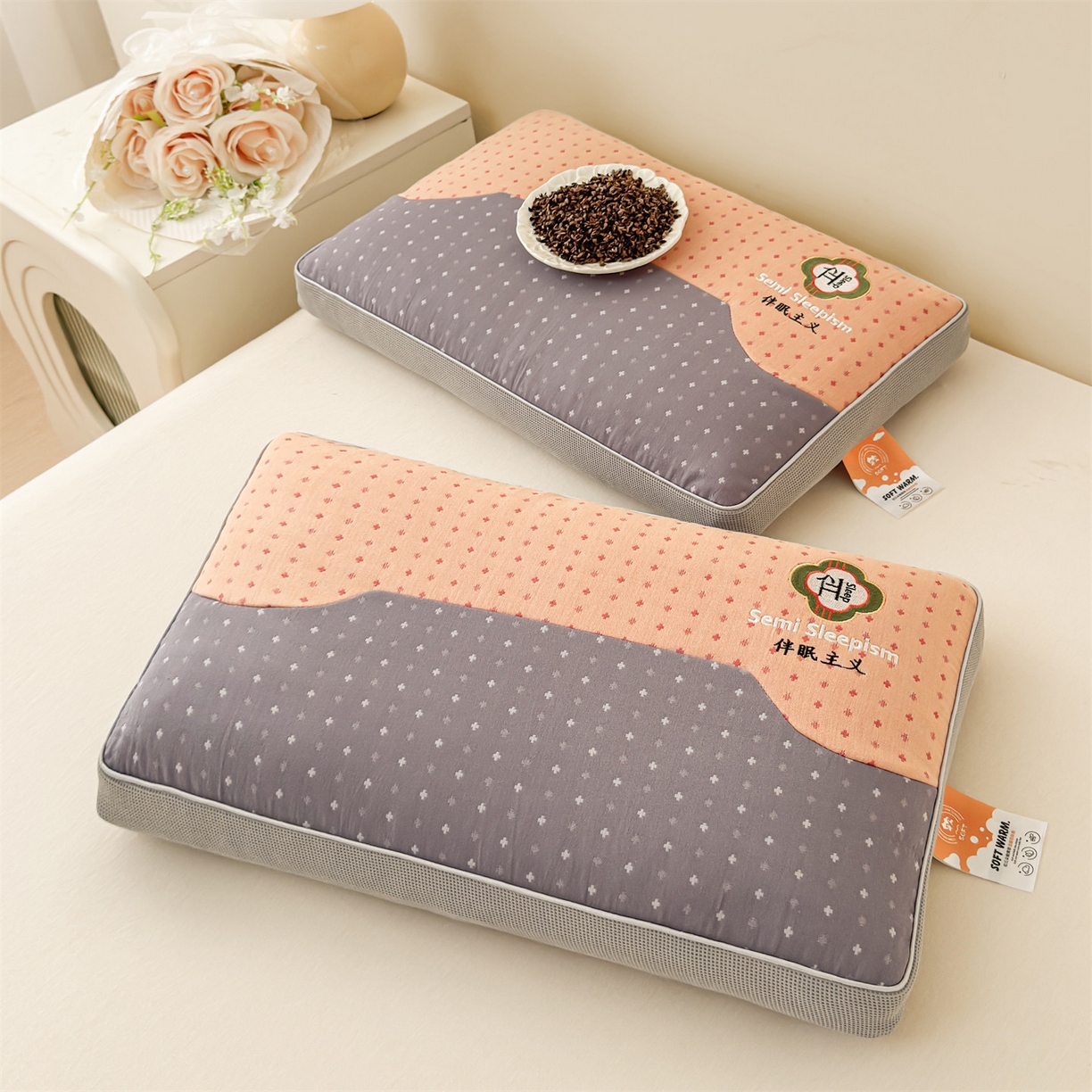 91家纺网 家纺一手货源 找家纺 麦肯锡 2025新款伴眠主义双层纱纯荞麦枕 枕头枕芯 橙色