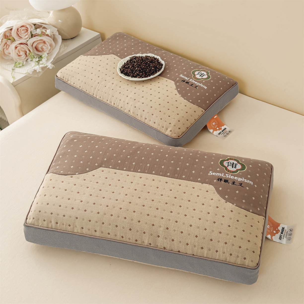 91家纺网 家纺一手货源 找家纺 麦肯锡 2025新款伴眠主义双层纱纯荞麦枕 枕头枕芯 咖色