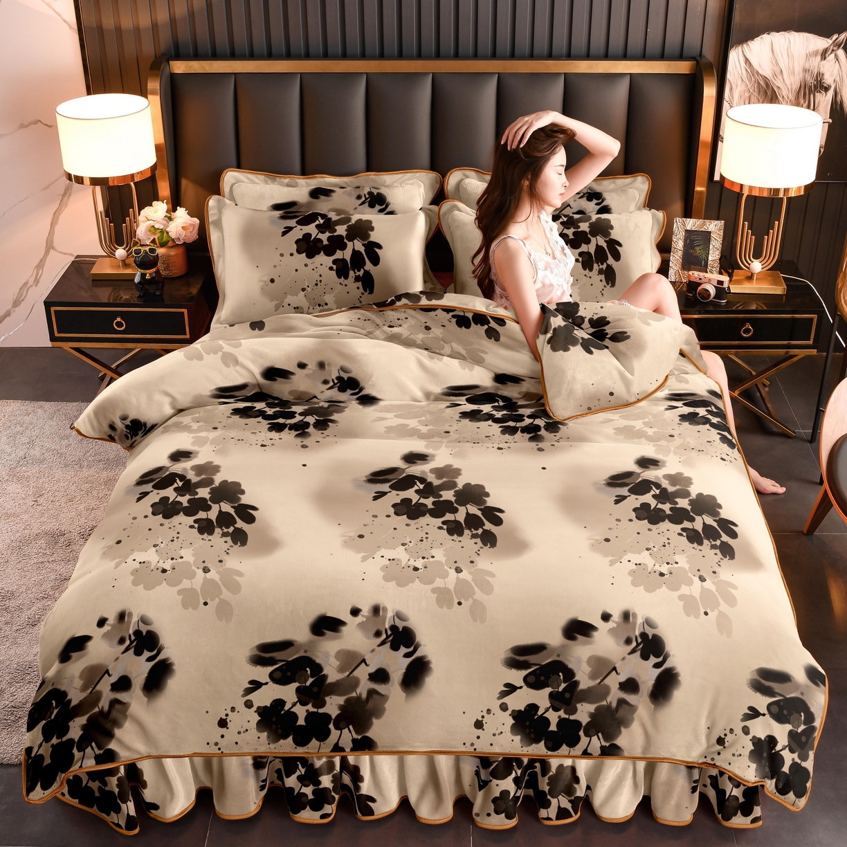 91家纺网 家纺一手货源 找家纺 (总)赛丽雅 2025新款牛奶绒床裙四件套8-9斤法莱绒直播爆款日产2万套