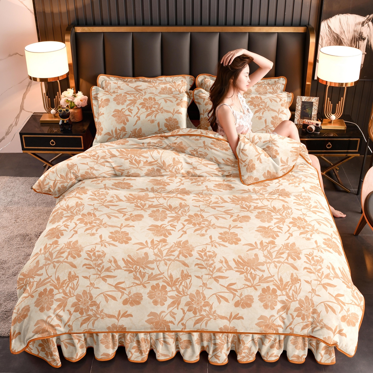 91家纺网 家纺一手货源 找家纺 (总)赛丽雅 2025新款牛奶绒床裙四件套8-9斤法莱绒直播爆款日产2万套