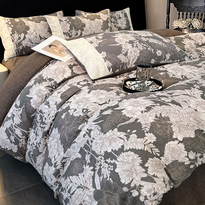 91家纺网 家纺一手货源 找家纺 梦舒羽 2025新款A类原麻四件套蕾丝花边加厚被套1.5m床单床笠宿舍双人床套件 浮绘花影-白