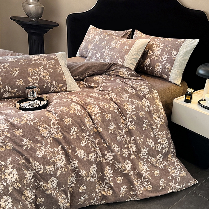 91家纺网 家纺一手货源 找家纺 梦舒羽 2025新款A类原麻四件套蕾丝花边加厚被套1.5m床单床笠宿舍双人床套件 秋日