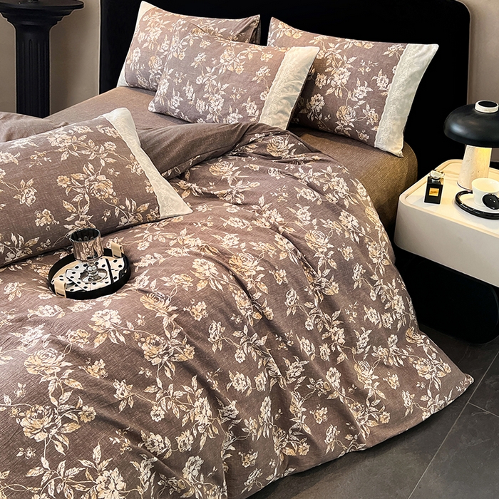 91家纺网 家纺一手货源 找家纺 梦舒羽 2025新款A类原麻四件套蕾丝花边加厚被套1.5m床单床笠宿舍双人床套件 秋日