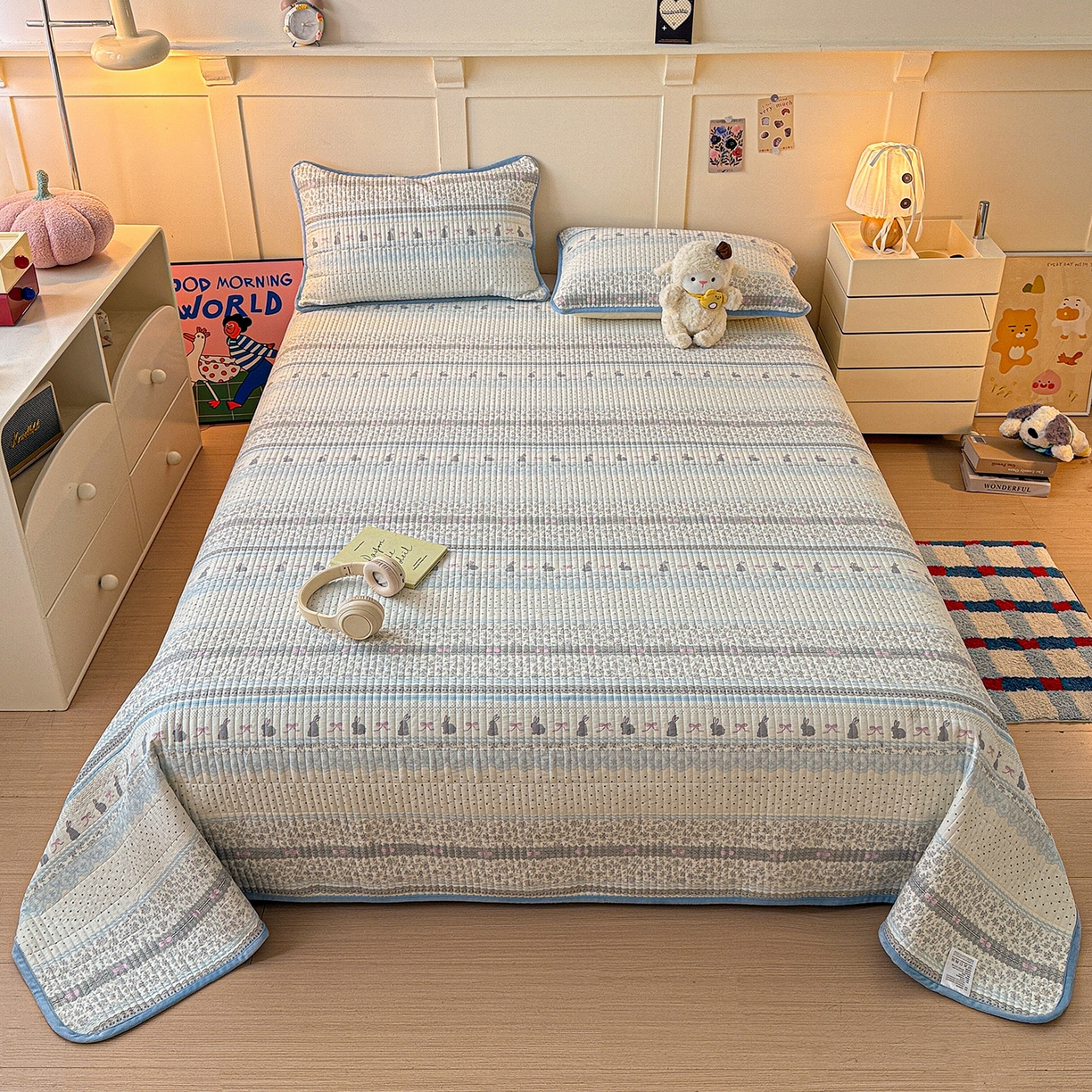 橙子家居 2025新款棉加绒床盖床盖单件床盖单品床盖三件套夹层水洗棉花跑量款现货 花边兔