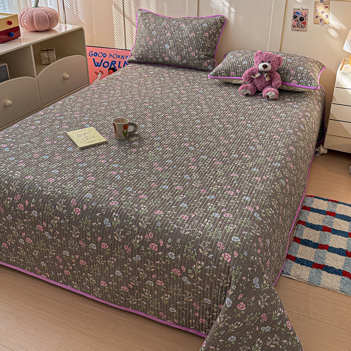 91家纺网 家纺一手货源 找家纺 橙子家居 2025新款棉加绒床盖床盖单件床盖单品床盖三件套夹层水洗棉花跑量款现货 花间色