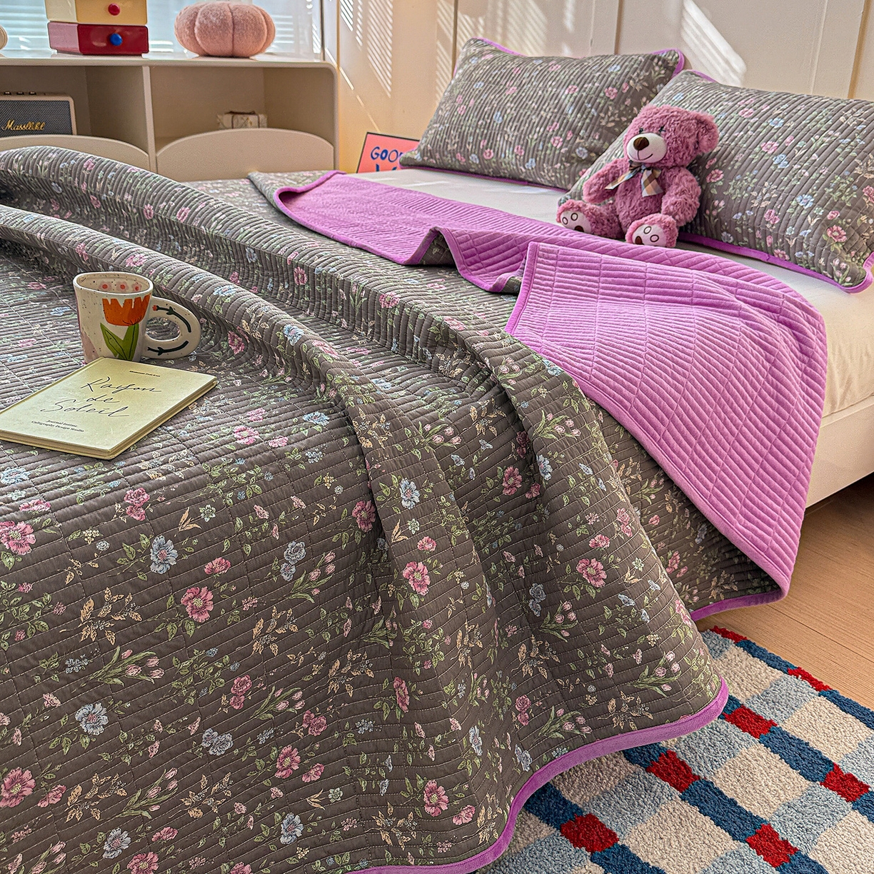 91家纺网 家纺一手货源 找家纺 橙子家居 2025新款棉加绒床盖床盖单件床盖单品床盖三件套夹层水洗棉花跑量款现货 花间色