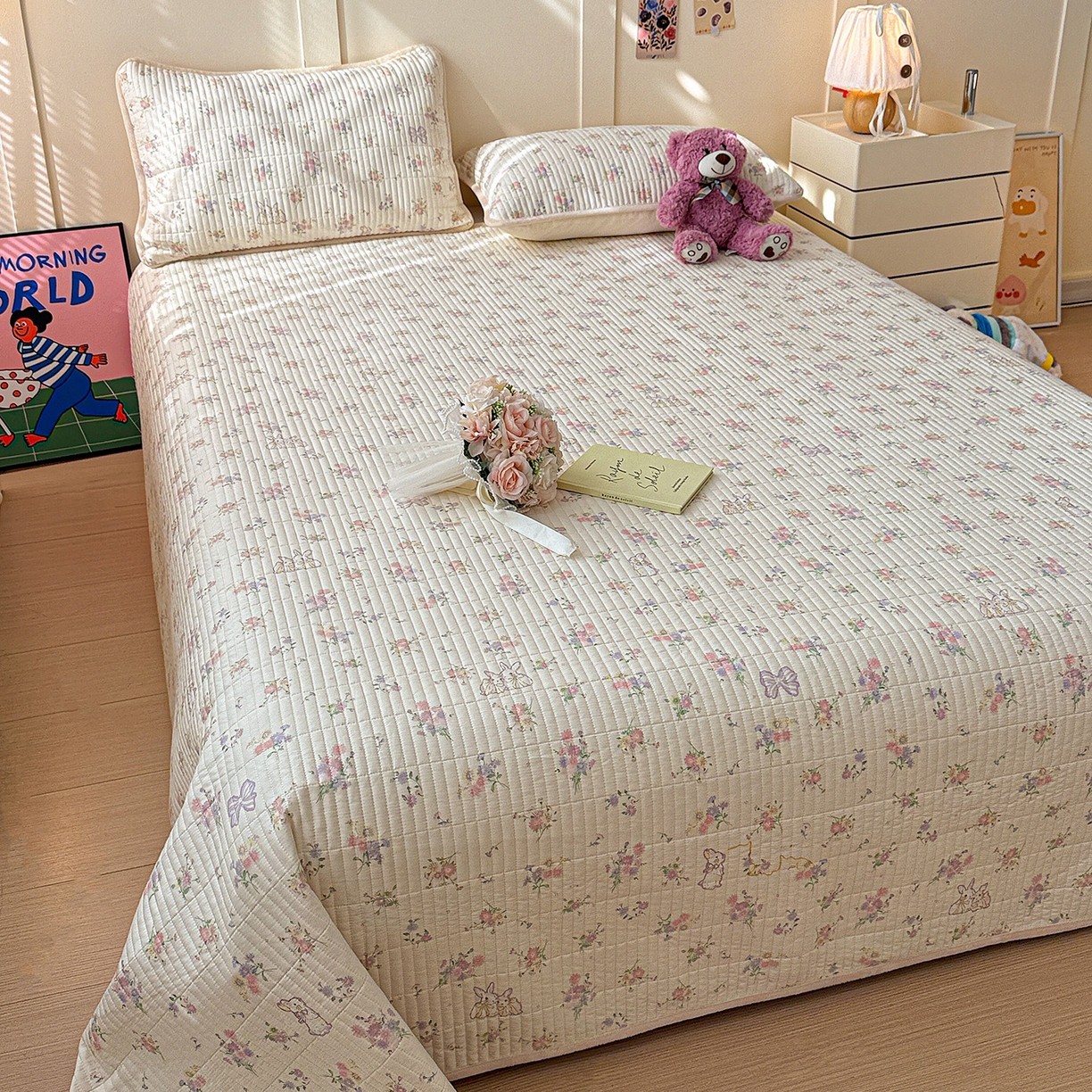 91家纺网 家纺一手货源 找家纺 橙子家居 2025新款棉加绒床盖床盖单件床盖单品床盖三件套夹层水洗棉花跑量款现货 萝莉兔