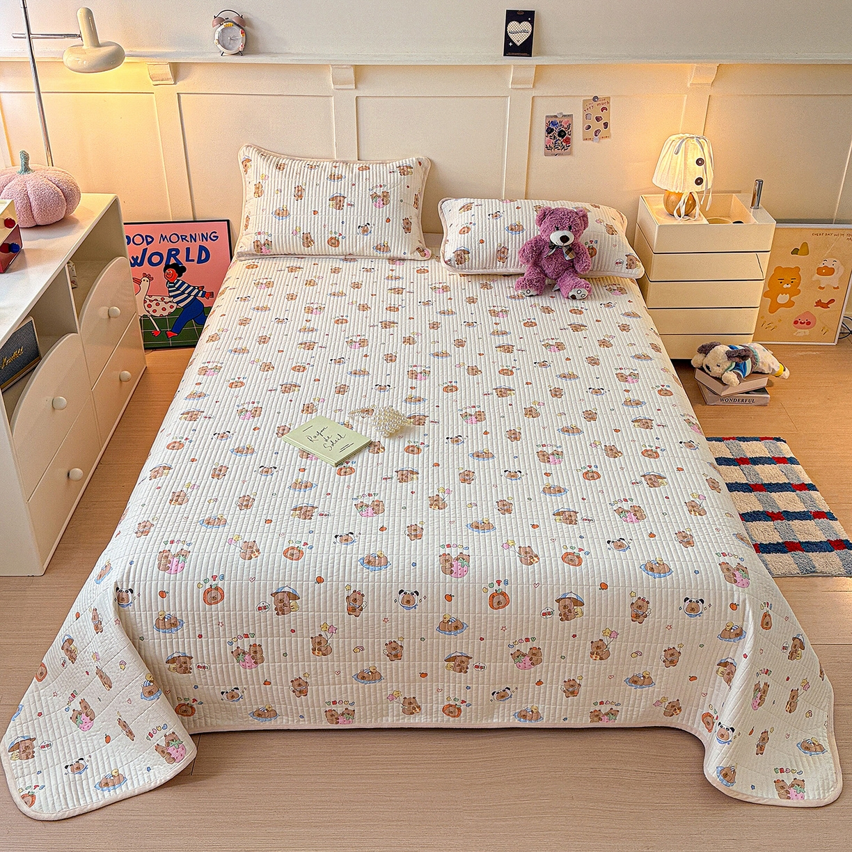 橙子家居 2025新款棉加绒床盖床盖单件床盖单品床盖三件套夹层水洗棉花跑量款现货 熊猫卡皮