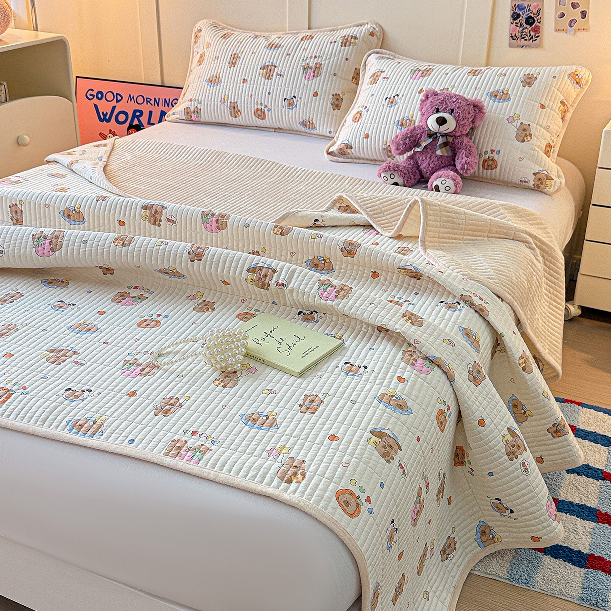 91家纺网 家纺一手货源 找家纺 橙子家居 2025新款棉加绒床盖床盖单件床盖单品床盖三件套夹层水洗棉花跑量款现货 熊猫卡皮