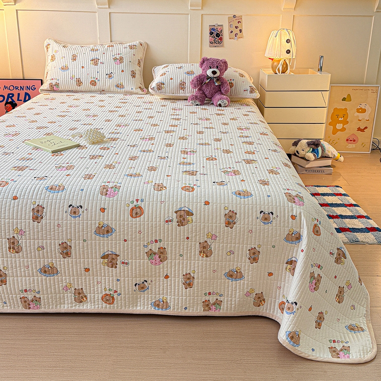 91家纺网 家纺一手货源 找家纺 橙子家居 2025新款棉加绒床盖床盖单件床盖单品床盖三件套夹层水洗棉花跑量款现货 熊猫卡皮