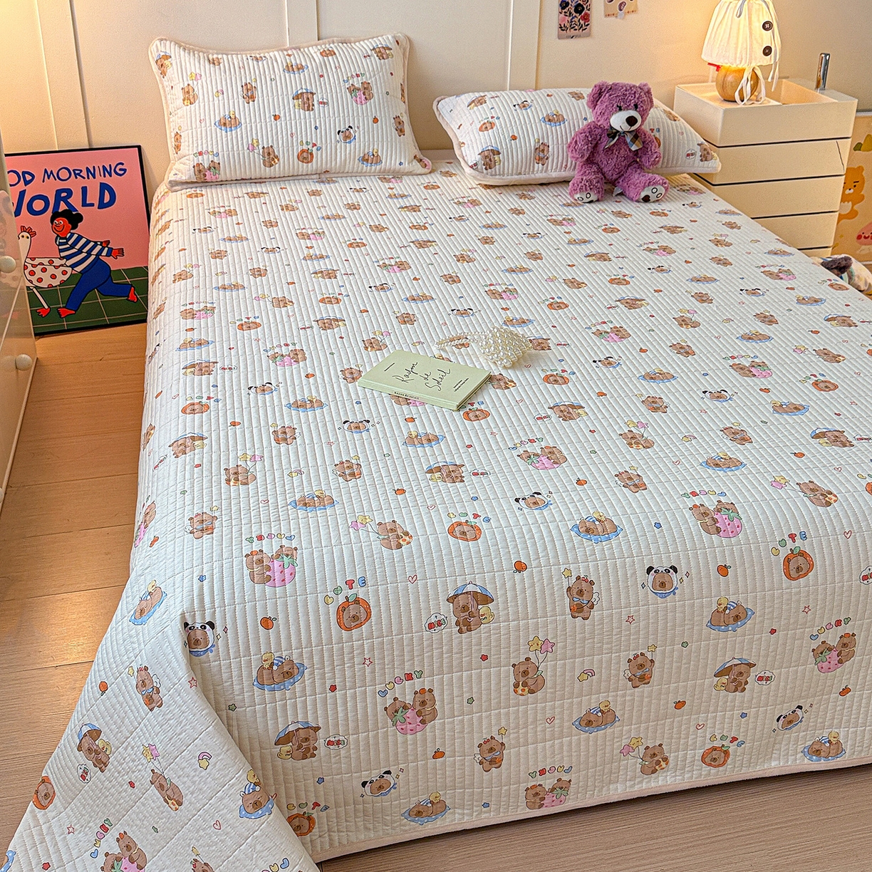 91家纺网 家纺一手货源 找家纺 橙子家居 2025新款棉加绒床盖床盖单件床盖单品床盖三件套夹层水洗棉花跑量款现货 熊猫卡皮