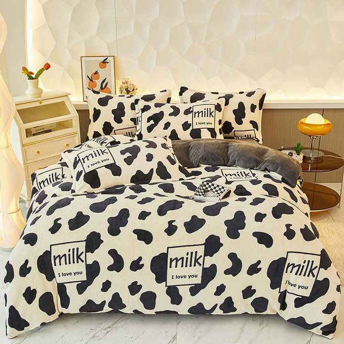 三盛源 2025新款牛奶绒床品四件套冬季加厚珊瑚绒被套罩双面加绒法兰绒床单三件套 奶牛点点