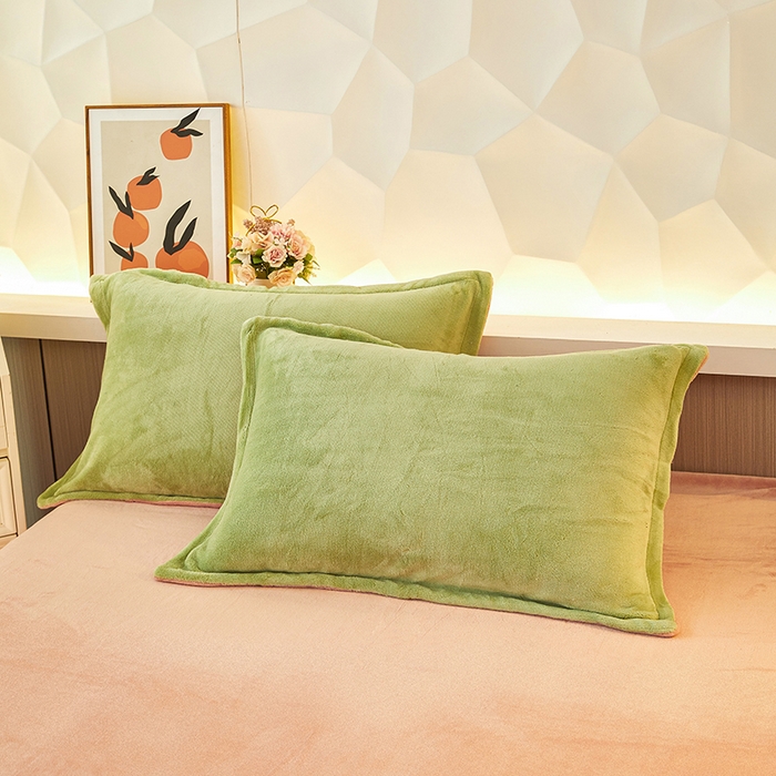 91家纺网 家纺一手货源 找家纺 三盛源 2025新款牛奶绒床品四件套冬季加厚珊瑚绒被套罩双面加绒法兰绒床单三件套 草绿-粉