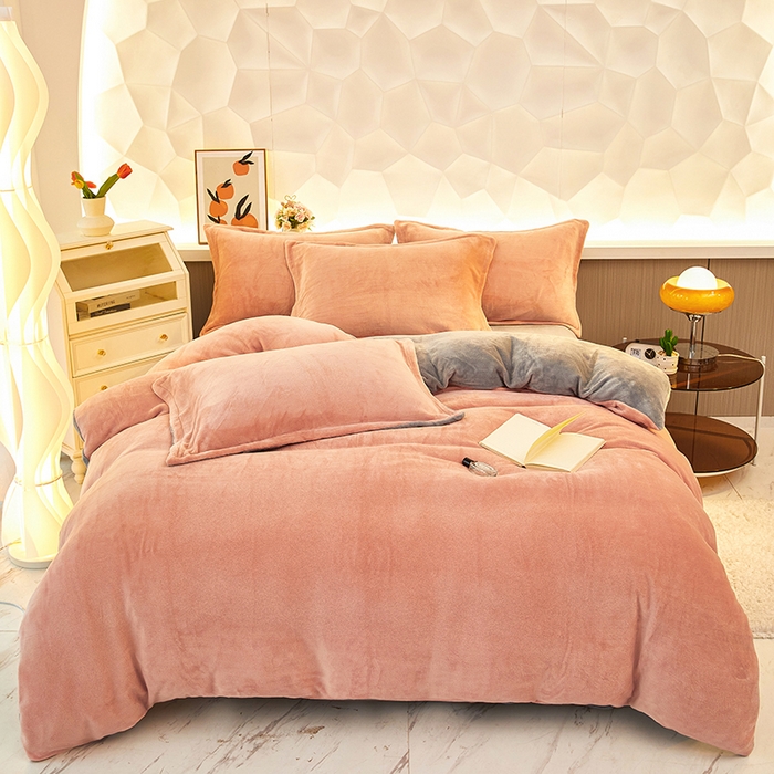 三盛源 2025新款牛奶绒床品四件套冬季加厚珊瑚绒被套罩双面加绒法兰绒床单三件套 豆沙-灰