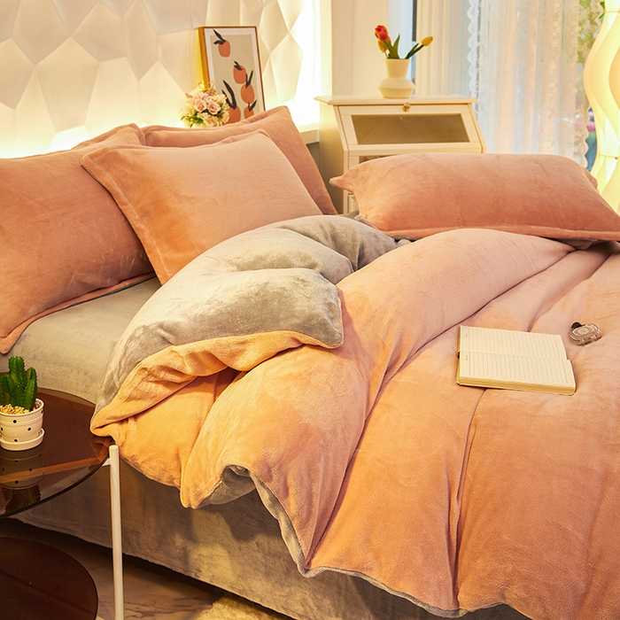 91家纺网 家纺一手货源 找家纺 三盛源 2025新款牛奶绒床品四件套冬季加厚珊瑚绒被套罩双面加绒法兰绒床单三件套 豆沙-灰