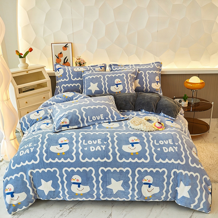 三盛源 2025新款牛奶绒床品四件套冬季加厚珊瑚绒被套罩双面加绒法兰绒床单三件套 自由鸭丫