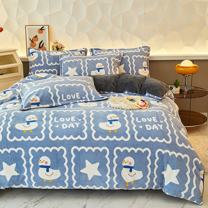 91家纺网 家纺一手货源 找家纺 三盛源 2025新款牛奶绒床品四件套冬季加厚珊瑚绒被套罩双面加绒法兰绒床单三件套 自由鸭丫