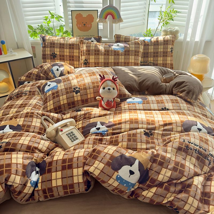 三盛源 2025新款牛奶绒床品四件套冬季加厚珊瑚绒被套罩双面加绒法兰绒床单三件套 秋冬格子狗