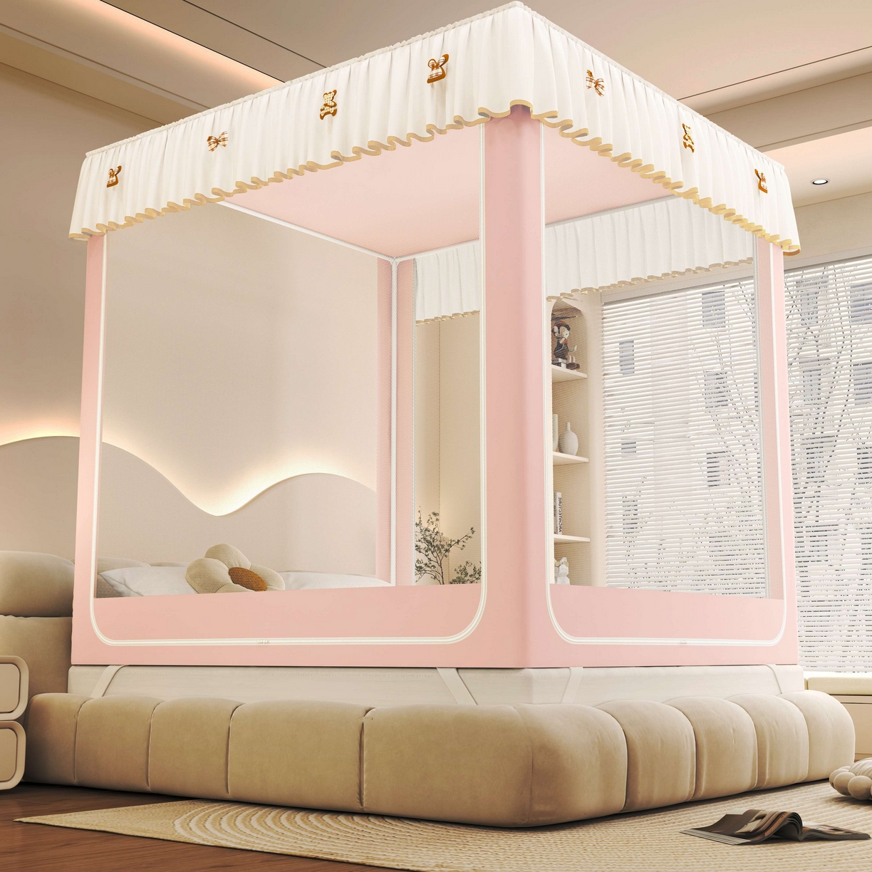 91家纺网 家纺一手货源 找家纺 初心家纺 2025新款防尘遮光保暖蚊帐 粉玉