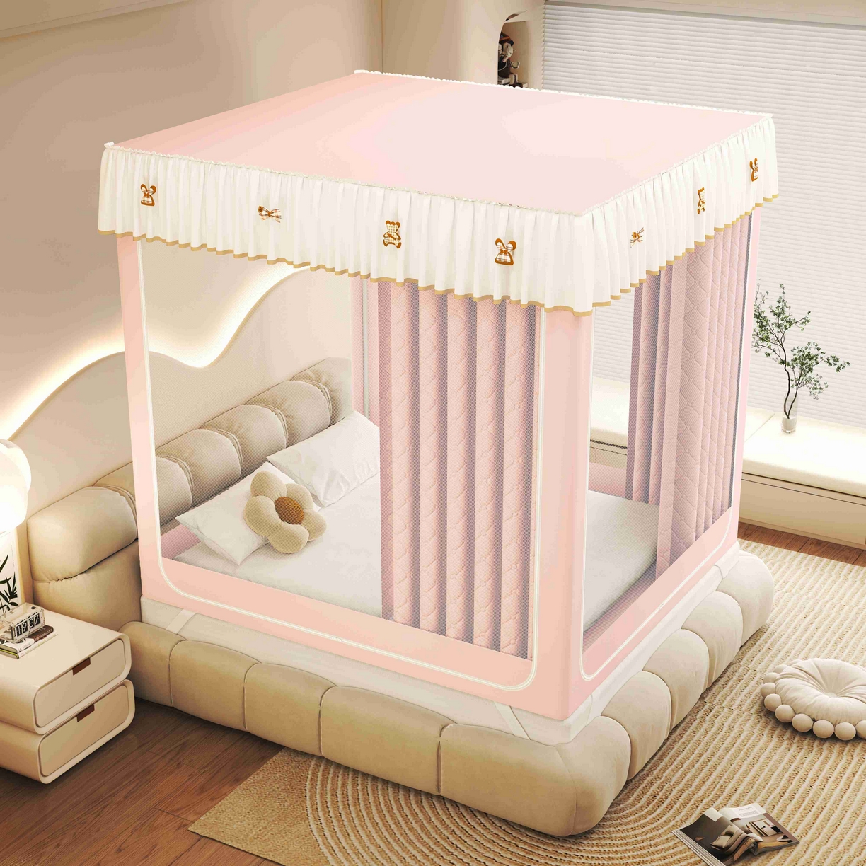 91家纺网 家纺一手货源 找家纺 初心家纺 2025新款防尘遮光保暖蚊帐 粉玉