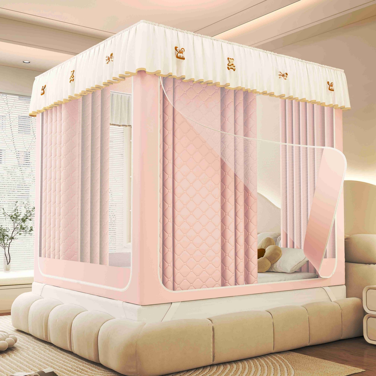 91家纺网 家纺一手货源 找家纺 初心家纺 2025新款防尘遮光保暖蚊帐 粉玉