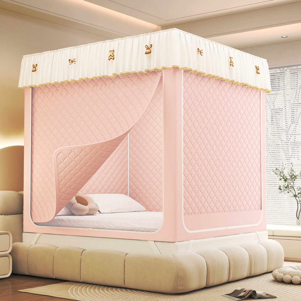 91家纺网 家纺一手货源 找家纺 初心家纺 2025新款防尘遮光保暖蚊帐 粉玉