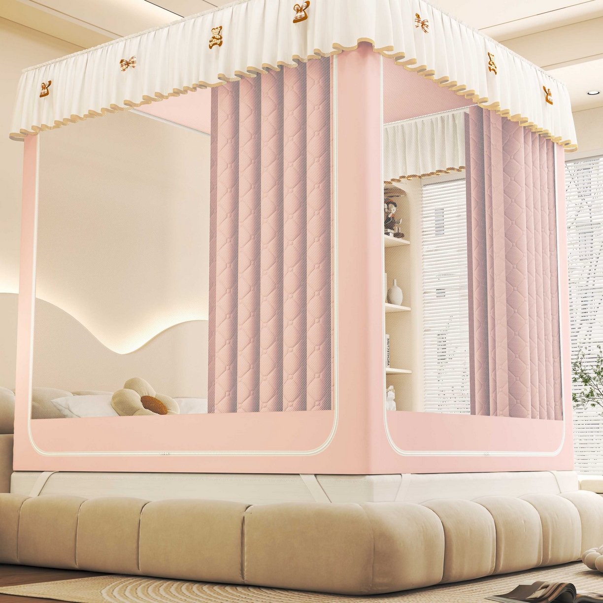 91家纺网 家纺一手货源 找家纺 初心家纺 2025新款防尘遮光保暖蚊帐 粉玉