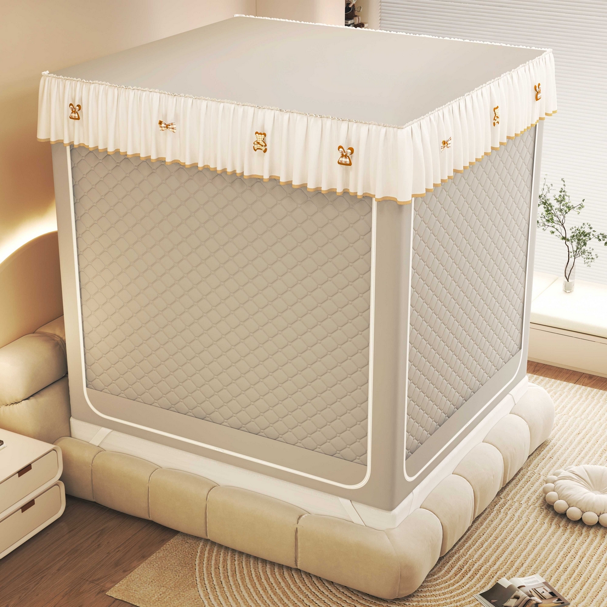 91家纺网 家纺一手货源 找家纺 初心家纺 2025新款防尘遮光保暖蚊帐 浅灰