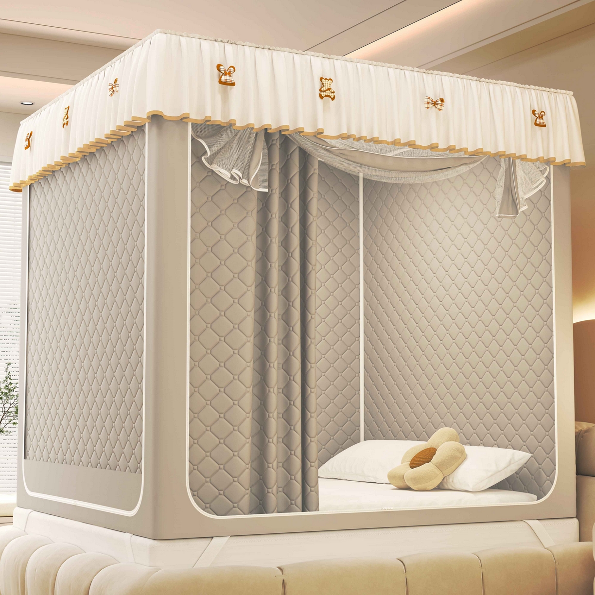 91家纺网 家纺一手货源 找家纺 初心家纺 2025新款防尘遮光保暖蚊帐 浅灰