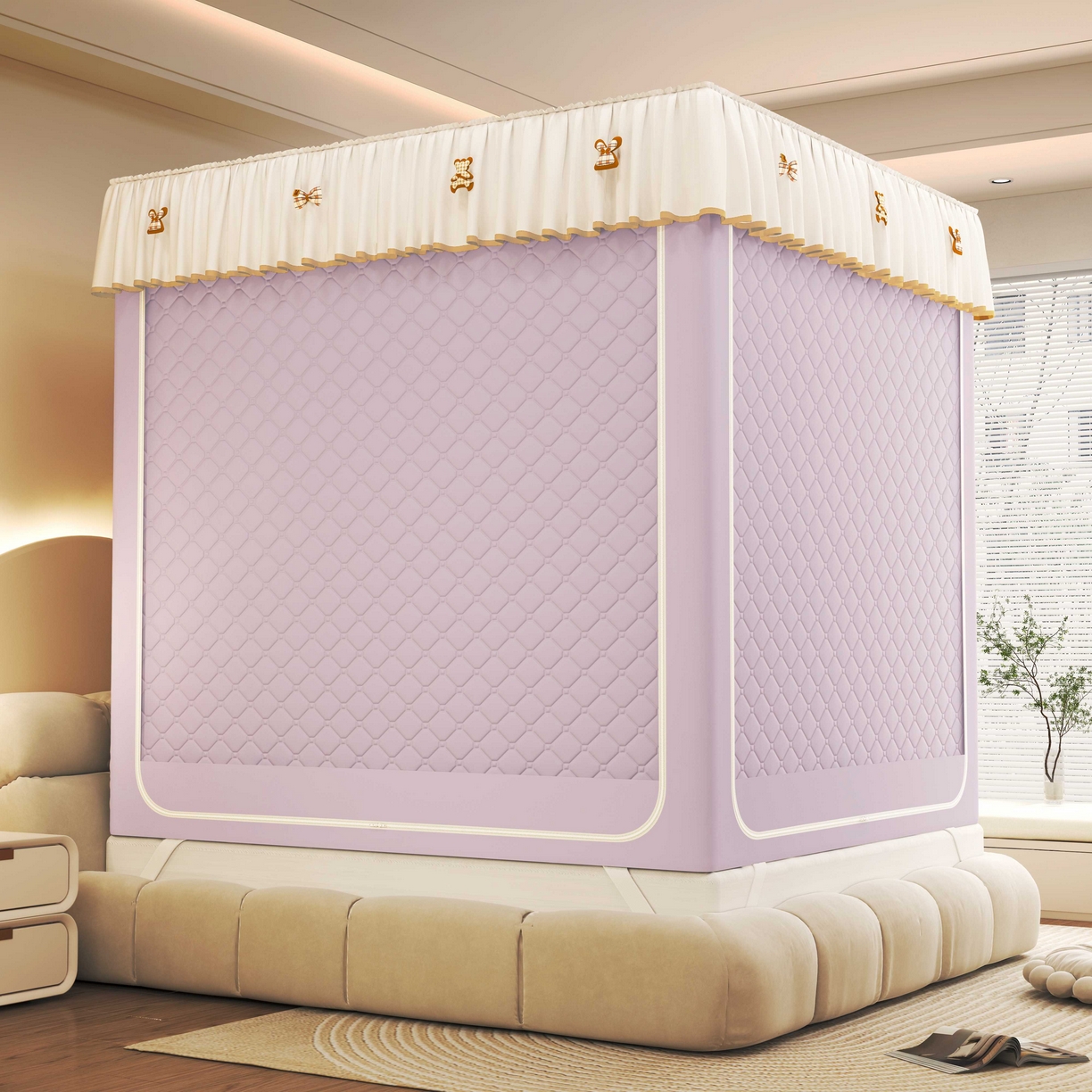 91家纺网 家纺一手货源 找家纺 初心家纺 2025新款防尘遮光保暖蚊帐 浅紫