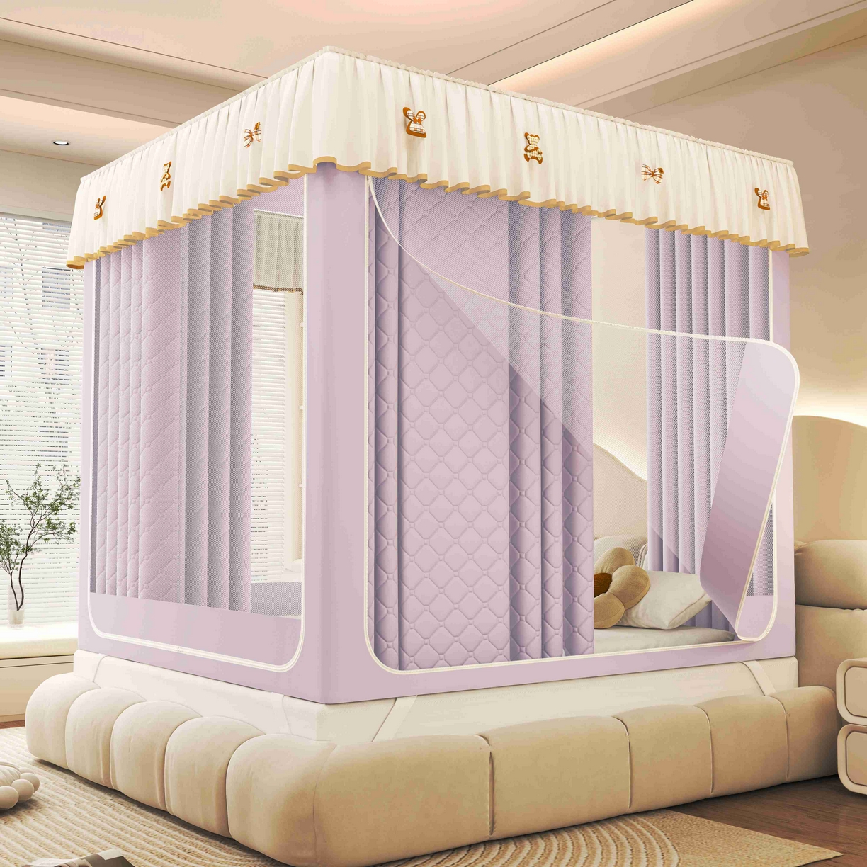 91家纺网 家纺一手货源 找家纺 初心家纺 2025新款防尘遮光保暖蚊帐 浅紫