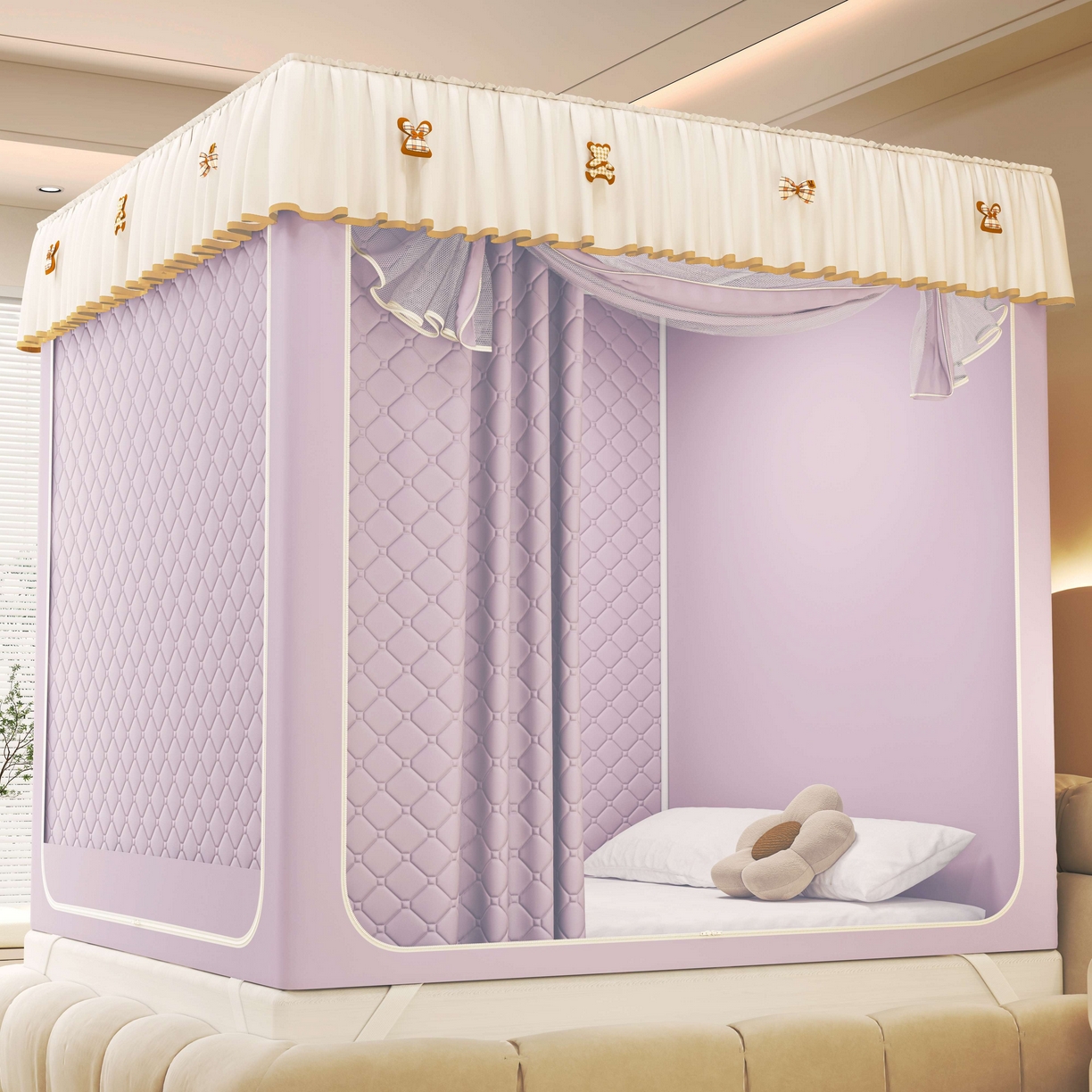 91家纺网 家纺一手货源 找家纺 初心家纺 2025新款防尘遮光保暖蚊帐 浅紫